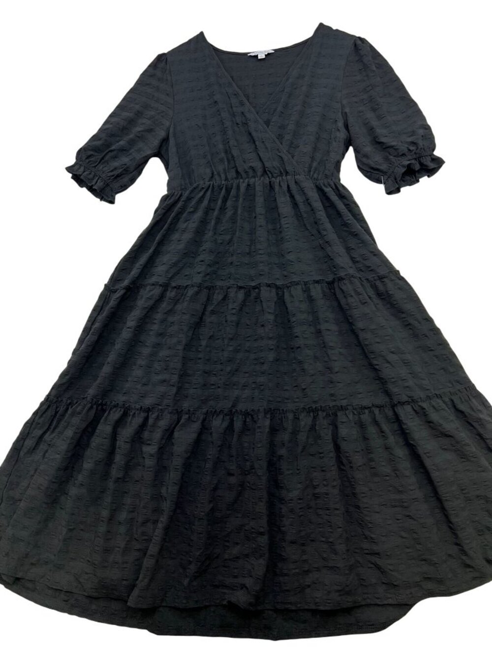 Womens Cottagecore Striped Puff Sleeve Tiered A-Line Wrap Dress Large Black